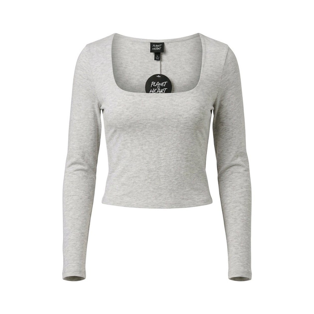 Planetβ Heart Top Long Sleeve Gray Heathered Square Neck Casual Large
